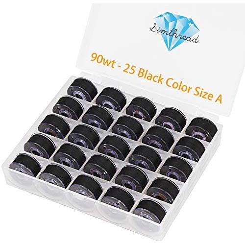 Simthread 25pcs 90 Weight Black Prewound Bobbin Thread Size A Class 15 (SA156) with Clear Storage Plastic Case Box 60S/2 for Brother Embroidery Thread Sewing Thread Machine DIY