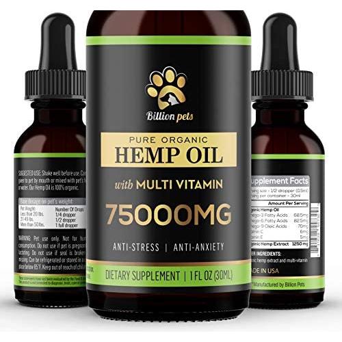 Billion Pets - Hemp Oil for Dogs Cats - Separation Anxiety, Joint Pain, Stress Relief, Arthritis, Seizures, Chronic Pains, Anti-Inflammatory - Omega 3, 6, 9-100% Organic - Calming Drops