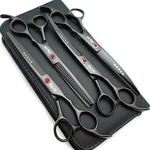 7.0in Titanium Professional Dog Grooming Scissors Set,Straight & Thinning & Curved Scissors 4pcs Set for Dog Grooming (Bright Black) 7.0in Titanium Professional Dog Grooming Scissors Set,Straight & Thinning & Curved Scissors 4pcs Set for Dog Grooming (Bright Black)