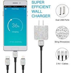 SAVORI Dual USB Wall Charger, Bling Rhinestones Wall Charger Plug Power Adapter with USB 3-in-1 Multi Charging Cable Compatible with iPhone iPad Android Type C Phones (White)