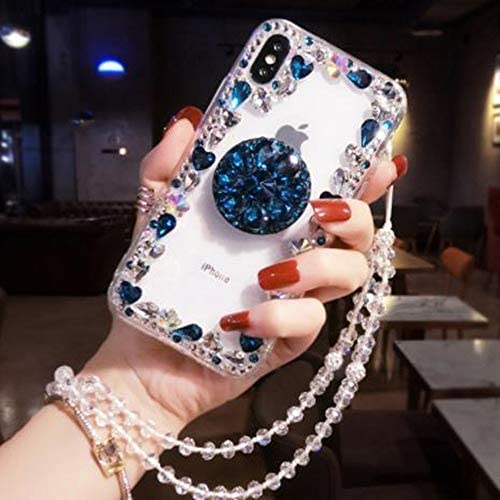Case for iPhone Xs Cute,Aulzaju iPhone X 5.8 Inch Clear Crystal Rhinestone Case with Ring Stand iPhone Xs Luxury Bling Diamond Fashion TPU Cover with Lanyard for Girl Women-Blue