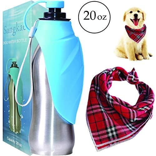 20 oz Dog Water Bottle Stainless Steel Dog Water Bottle,Dog Bandanas, Scarf for Dog,Portable Dog Water Bottles for Walking with Bowl,Reversible, Lightweight, Expandable Silicone Flip-Up Leaf (Blue)