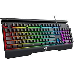 VictSing RGB Gaming Keyboard Metallic, RGB Backlit Gaming Keyboard, Metal-Panel Wired Keyboard with Mobile Phone Holder, Quiet Click Computer Keyboard with Ergonomic Wrist Rest for PC Gamers, Black