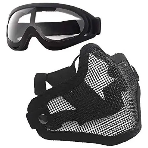 Anyoupin Airsoft Mask and Goggles Set Adjustable Metal Steel Mesh Half Face Mask with Ultra-Violet Protective Outdoor Glasses Goggles for Paintball Shooting Cosplay War Game