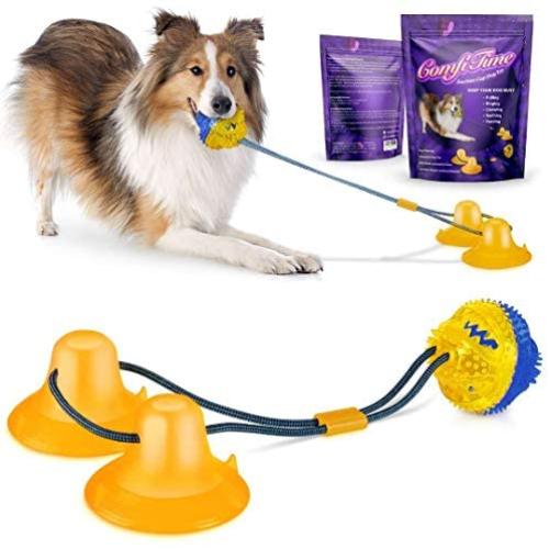 ComfiTime Dog Chew Toy - Interactive Suction Cup Dog Toy for Tug of War, Chewing; Durable Dog Ball and Rope Toy for Boredom, Teething, Teeth Cleaning and Training; Tough Enough for Aggressive Chewers