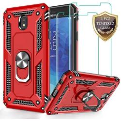 Galaxy J7 2018/J7 Aero/J7 Top/J7 Crown/J7 Aura/J7 Refine/J7 Eon Case with Tempered Glass Screen Protector [2Pack], Jshru Military Grade Ring Car Mount Kickstand Phone Case For Samsung J7 Star Star Red