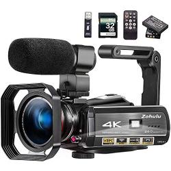 Video Camera 4K Camcorder ZOHULU Vlog Camera for YouTube, HD Digital Camera with 30X Digital Zoom and Night Vision, Video Recorder with Microphone, Wide Lens (32GB SD Card, 2 Batteries Included)