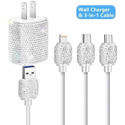 Bling USB Wall Charger with Charging Cable,Fast Block for iPhone Android,3-in-1 Multi Charger Cable Micro USB Type C Multiple USB Cord with Crystal Decoration,Cell Phone Accessories for Women,Girls