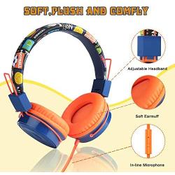 Baseman Kids Headphones with Microphone, Wired On-Ear Headsets with Safe Volume Limited 85 dB, Foldable and Adjustable Headphones with a 3.5mm Jack Cord for Children/School/Cellphone/Tablet Orange