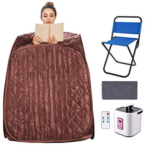 elifine Portable Steam Sauna Spa Home 2L Personal Therapeutic Sauna with Remote Control One Person Sauna Tent with Foldable Chair Timer (Brown)