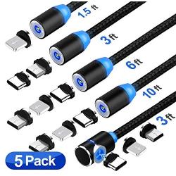 3 in 1 Magnetic Charging Cable, (5-Pack,1.5ft/3ft/3ft/6ft/10ft), Compatible with Mirco USB, Type C Smartphone and iProduct Device (Black)