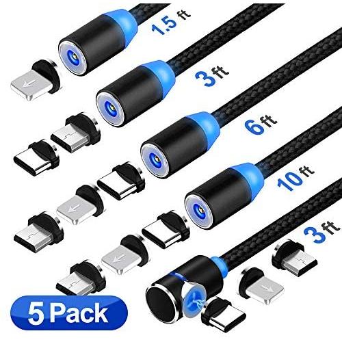 3 in 1 Magnetic Charging Cable, (5-Pack,1.5ft/3ft/3ft/6ft/10ft), Compatible with Mirco USB, Type C Smartphone and iProduct Device (Black)