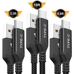 USB Type C Cable,AkoaDa 3-Pack (3.3ft+6.6.3ft+10ft) USB to USB C Cable Nylon Braided Fast Charger Cord for Samsung Galaxy S8 S9 Plus Note 8,Google Pixel XL,LG G5 G6 V20,Moto Z Z2(Black)