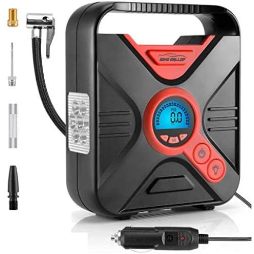 WindGallop Portable Air Compressor Tire Inflator Air Pump for Car Tires DC 12V Tire Pump with Gauge Valve Adaptors LED Light for Automobiles Bike Motorbike Basketball Inflatables (Red)