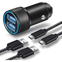 LUOSIKE Car Charger, 24W 4.8A Dual USB Car Charger Adapter AL-Alloy + 2-Pack 3FT Braided USB Type C Fast Charging Cable Kit Compatible with Samsung Galaxy S10 S10e S9 S8 Plus, LG V40, Pixel -Updated