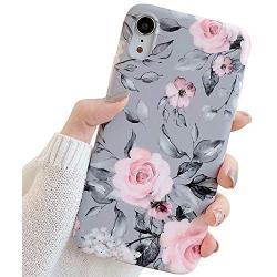 YeLoveHaw iPhone XR Case for Girls, Flexible Soft Slim Fit Full-Around Protective Cute Shell Phone Case Cover with Purple Floral and Gray Leaves Pattern for iPhone XR 6.1 Inch (Pink Flowers)