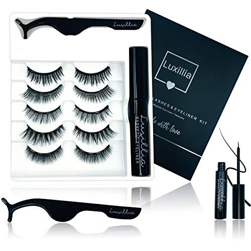 Luxillia Magnetic Eyeliner and Lashes Kit, No Glue Reusable 5D False Eye Lash, Magnetic Eyelashes Set with Most Natural Look, Best Quality Eyelash Magnet, Waterproof Liquid Eye Liner, Free Tweezers