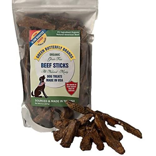 Green Butterfly Brands Organic Grain Free Dog Treats – Made in USA Only – All Natural, Meaty Beef Sticks – Premium Slow Roasted American Beef – Grass Fed, Farm Raised – Crunchy Training Treat 8 Ounces