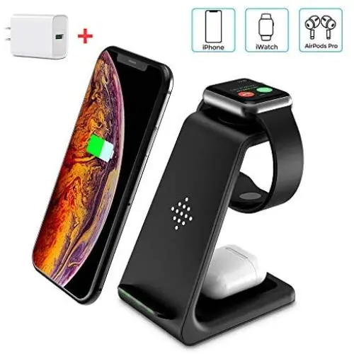 Wireless Charger Stand, CIYOYO 3 in 1 Fast Wireless Charging Station Dock for Airpods Pro 2 1, Apple Watch Series 5/4/3/2/1, iPhone 11/11 Pro/11 Pro Max Qi Certified Phones(with QC 3.0 Adapter) Wireless Charger Stand, CIYOYO 3 in 1 Fast Wireless Charging Station Dock for Airpods Pro 2 1, Apple Watch Series 5/4/3/2/1, iPhone 11/11 Pro/11 Pro Max Qi Certified Phones(with QC 3.0 Adapter)