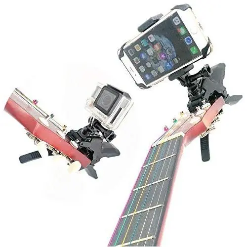 Combo Camera and Cell Phone Music Mount - Ukelele Guitar Headstock Mobile Phone Clamp Clip Mount for Smartphones and Gopro Action Cameras ~ Close Up Home Recording - Work for Any Microphone Stands Combo Camera and Cell Phone Music Mount - Ukelele Guitar Headstock Mobile Phone Clamp Clip Mount for Smartphones and Gopro Action Cameras ~ Close Up Home Recording - Work for Any Microphone Stands