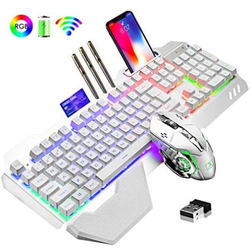 Wireless Gaming Keyboard and Mouse,RGB Backlit Rechargeable Keyboard Mouse with 5000mAh Battery Metal Panel,Removable Hand Rest Mechanical Feel Keyboard and 7 Color Gaming Mute Mouse for PC Gamers