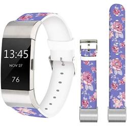 Flower Bands for Fitbit Charge 3,Jolook Replacement Leather Woman Man Bands Straps for Fitbit Charge 3/Charge 3 SE - Art Purple Flower