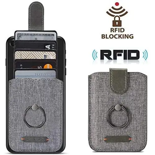 BIAJIYA Card Holder for Back of Phone RFID 5 Pull Credit Card Cash Cell Phone Wallet Pocket Canvas Leather Stick-On ID Case for Smartphones (Gray) BIAJIYA Card Holder for Back of Phone RFID 5 Pull Credit Card Cash Cell Phone Wallet Pocket Canvas Leather Stick-On ID Case for Smartphones (Gray)