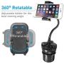 Macally Car Cup Holder Phone Mount with 2 USB Charging Ports & 2 Cigarette Lighter Sockets - Adjustable Cup Phone Holder for Car with 8” Long Neck and 360° Rotatable Base - Fits Phones Up to 4.1” Wide