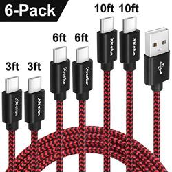 CLEEFUN USB Type C Charger Cable Fast Charging, [6-Pack, 3/3/6/6/10/10 ft] Nylon Braided USB C Cable Compatible with Samsung Galaxy S10e S10 S9 S8 Plus S10+, Note 9 10 8, Moto G8 G7 G6, LG G8 G7 G6