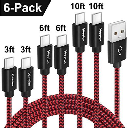 CLEEFUN USB Type C Charger Cable Fast Charging, [6-Pack, 3/3/6/6/10/10 ft] Nylon Braided USB C Cable Compatible with Samsung Galaxy S10e S10 S9 S8 Plus S10+, Note 9 10 8, Moto G8 G7 G6, LG G8 G7 G6