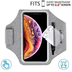 HAISSKY Armband Case with Airpods Holder/Car Key Bag Cell Phone Holder Gym Case Fits iPhone 11 Pro Max/11 Pro/Xs Max/XR 8 7 6,Galaxy S10+/S10/S10e/S9+ with Key Holder&Card Slot up to 6.8" (Grey)