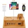 Bamboo Charger Station for Multiple Devices Sendowtek 6 in 1 USB Charging Station with 5-Port for Cell Phone Tablet Electronic, Watch Stand Earbuds Docking Station Organizer-5 Mixed Cables Included