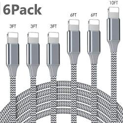 iPhone Charger, Lightning Cable 6PACK (3/3/3/6/6/10FT) Charging USB Syncing Data Nylon Braided Compatible with iPhone 11/Pro/Max/X/XS/XR/XS Max/8/Plus/7/7 Plus/6/6S/6 Plus More- Silver &Gray