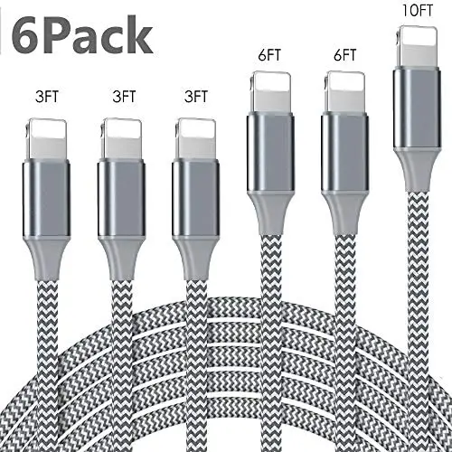iPhone Charger, Lightning Cable 6PACK (3/3/3/6/6/10FT) Charging USB Syncing Data Nylon Braided Compatible with iPhone 11/Pro/Max/X/XS/XR/XS Max/8/Plus/7/7 Plus/6/6S/6 Plus More- Silver &Gray iPhone Charger, Lightning Cable 6PACK (3/3/3/6/6/10FT) Charging USB Syncing Data Nylon Braided Compatible with iPhone 11/Pro/Max/X/XS/XR/XS Max/8/Plus/7/7 Plus/6/6S/6 Plus More- Silver &Gray