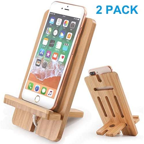 Cell Phone Tablet Stand 2 Pack, Bamboo Wooden Smart Phone Desktop Charging Dock Holder Compatible with Pad, Tablet, Phone 8 Plus X XS Max XR 7 7Plus, All iOS & Android Devices,