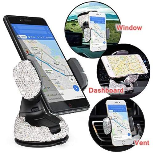 Bling Luxury Rhinestone Car Stand Phone Holder Car Windshield Dashboard Mount Adjustable Phone Holder for Easy View GPS Screen Compatible with iPhone 5s 7 7 Plus SE 8s Plus (Silver)