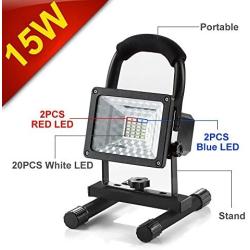[15W 24LED] Spotlights Work Lights Outdoor Camping Lights, Built-in Rechargeable Lithium Batteries (with USB Ports to Charge Mobile Devices) (Black)