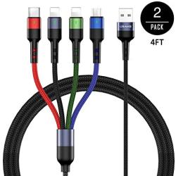 Multi Charging Cable USAMS 2Pack 4FT 4 in 1 Nylon Braided Multiple USB Fast Charging Cord Adapter Type C Micro USB Port Connectors Compatible Cell Phones Tablets and More (4in1, 4FT)