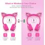 MindKoo Bluetooth Headphones Over-Ear Wireless Headphones Cat Ear Headphones with LED Light Foldable Built-in Microphone and Volume Control for PC Cell Phones Kids Teenager Boys Girls Adults Hot Pink