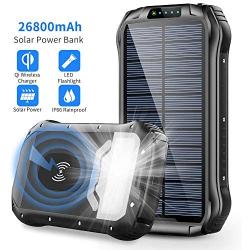 Solar Charger, 26800mAh Portable Power Bank Qi Wireless Battery Panel Charger with 4 Outputs & Dual Inputs Type-C, Waterproof External Backup Battery Pack with 18 LEDs Flashlight for Phones