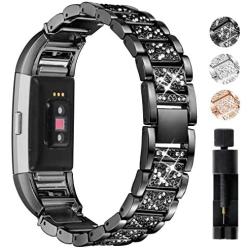 Valchinova Fitbit Charge 2 Band with Bling Rhinestone Adjustable Metal Fitbit Charge 2 Strap Bracelet Replacement Black Silver Rose Gold (Black)