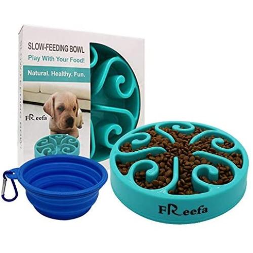 Freefa Slow Feeder Dog Bowl Bloat Stop Dog Food Bowl Maze Interactive Puzzle Non Skid, Come with Free Travel Bowl (Light Blue, Hold 2 Cups)