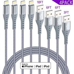 iPhone Charger Lightning Cable XnewCable 4Pack(10ft 6ft 6ft 3ft) Apple MFi Certified Nylon Braided Long Fast USB Cord Compatible for iPhone 11Pro MAX Xs XR X 8 7 6S 6 Plus SE 5S 5C (Gray)