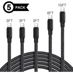 OJBY iPhone Charger, MFi Certified Lightning Cable 5Pack (3/3/3/6/10FT) Braided Nylon Fast Charger Cable Compatible iPhone 11/Pro/Xs Max/X/8/7/Plus/6S/6/SE/5S/Air iPad/Mini/iPod Black