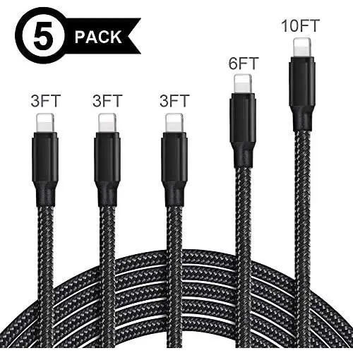 OJBY iPhone Charger, MFi Certified Lightning Cable 5Pack (3/3/3/6/10FT) Braided Nylon Fast Charger Cable Compatible iPhone 11/Pro/Xs Max/X/8/7/Plus/6S/6/SE/5S/Air iPad/Mini/iPod Black OJBY iPhone Charger, MFi Certified Lightning Cable 5Pack (3/3/3/6/10FT) Braided Nylon Fast Charger Cable Compatible iPhone 11/Pro/Xs Max/X/8/7/Plus/6S/6/SE/5S/Air iPad/Mini/iPod Black
