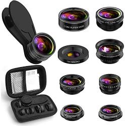 Phone Camera Lens Kit, 9 in 1 Zoom Universal Telephoto Lens+198° Fisheye lens + 0.36 Super Wide Angle Lens + 0.63X Wide Lens +20X Macro Lens + 15X Macro Lens + CPL + Kaleidoscope Lens + Starburst Lens