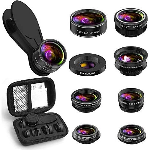 Phone Camera Lens Kit, 9 in 1 Zoom Universal Telephoto Lens+198° Fisheye lens + 0.36 Super Wide Angle Lens + 0.63X Wide Lens +20X Macro Lens + 15X Macro Lens + CPL + Kaleidoscope Lens + Starburst Lens