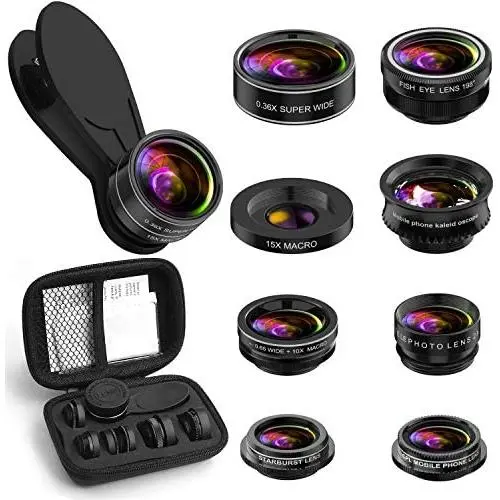 Phone Camera Lens Kit, 9 in 1 Zoom Universal Telephoto Lens+198° Fisheye lens + 0.36 Super Wide Angle Lens + 0.63X Wide Lens +20X Macro Lens + 15X Macro Lens + CPL + Kaleidoscope Lens + Starburst Lens Phone Camera Lens Kit, 9 in 1 Zoom Universal Telephoto Lens+198° Fisheye lens + 0.36 Super Wide Angle Lens + 0.63X Wide Lens +20X Macro Lens + 15X Macro Lens + CPL + Kaleidoscope Lens + Starburst Lens