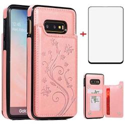 Phone Case for Samsung Galaxy S10e with Tempered Glass Screen Protector and Card Holder Wallet Cover Stand Flip Leather Cell Accessories Glaxay S 10e Gaxaly 10se Galaxies Se10 Cases Women Rose Gold