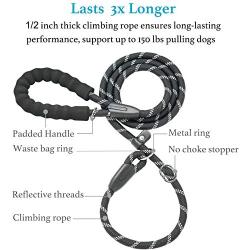 iYoShop 6FT Extremely Durable Slip Dog Rope Training Leash with Comfortable Padded Handle and Highly Reflective Threads Quality Slip Lead for Small Medium and Large Dogs, Black, Medium Large (6 FT)